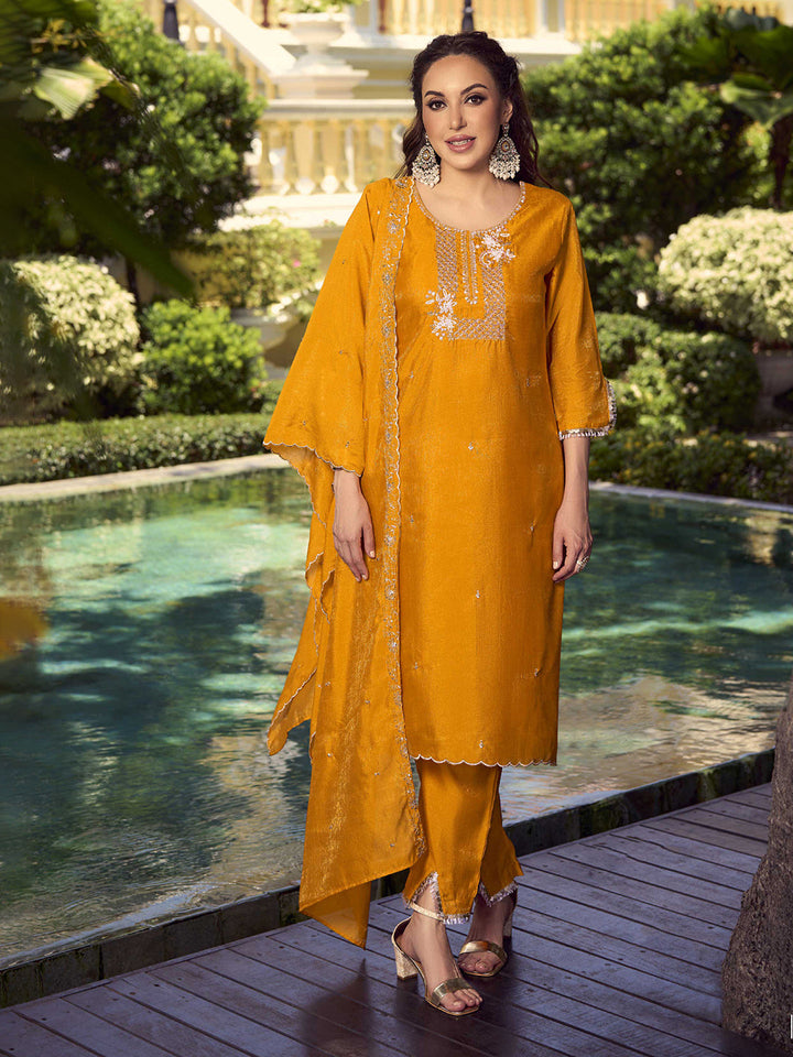 Embroidered Shimmer Vichitra Kurta With Pant &amp; Dupatta
