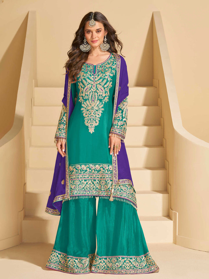 Embroidered Chinon Suit With Pant &amp; Dupatta