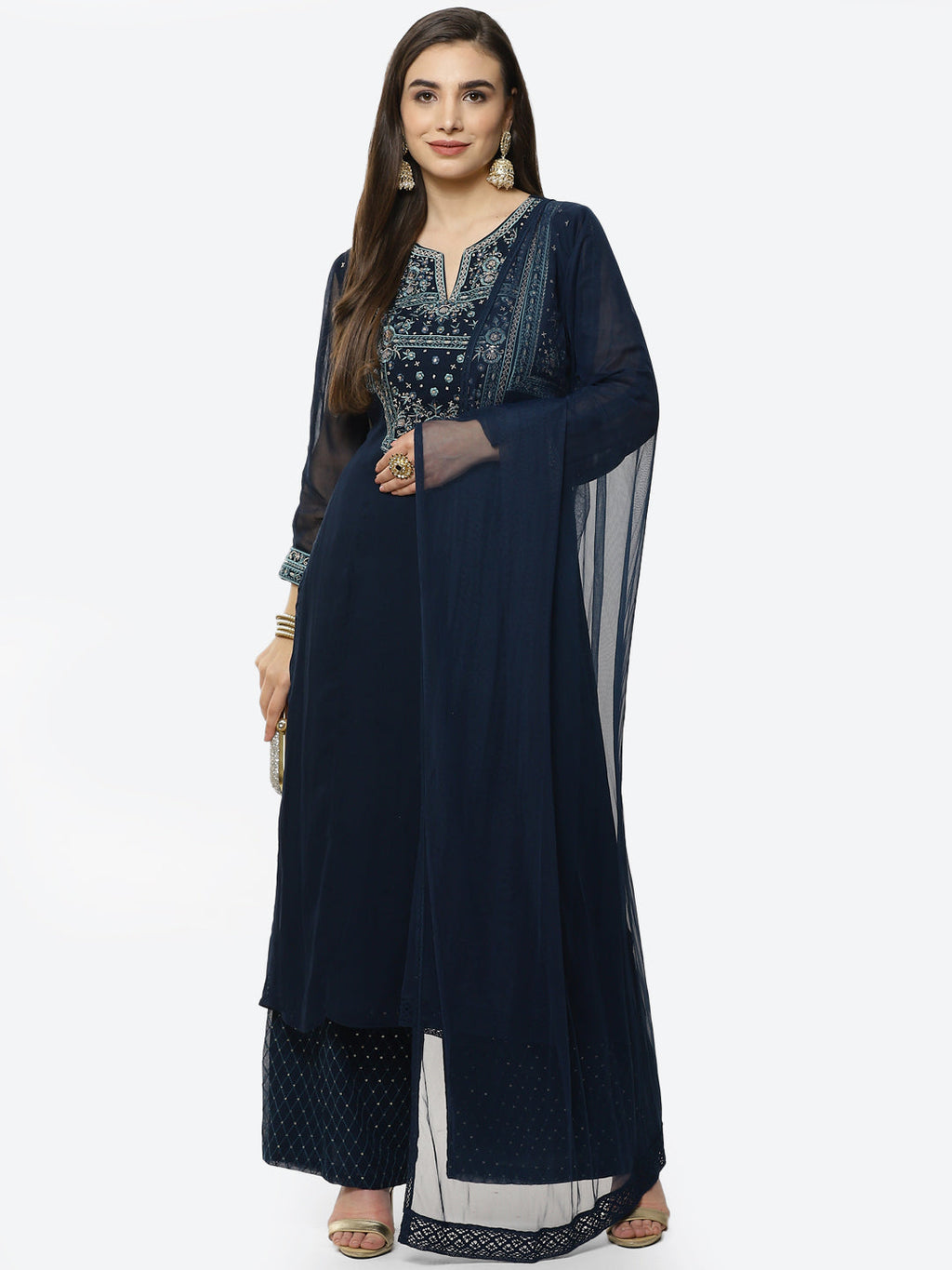 Embroidered Georgette Stitched Salwar Kameez With Net Dupatta