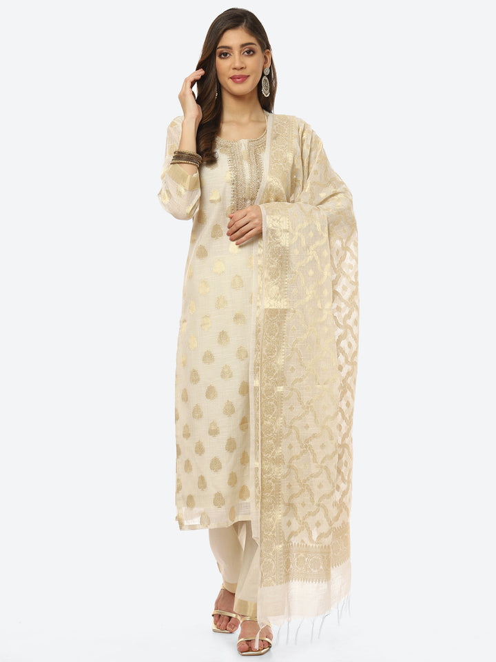 Resham Neck Booti Cotton kurta With Pant &amp; Dupatta