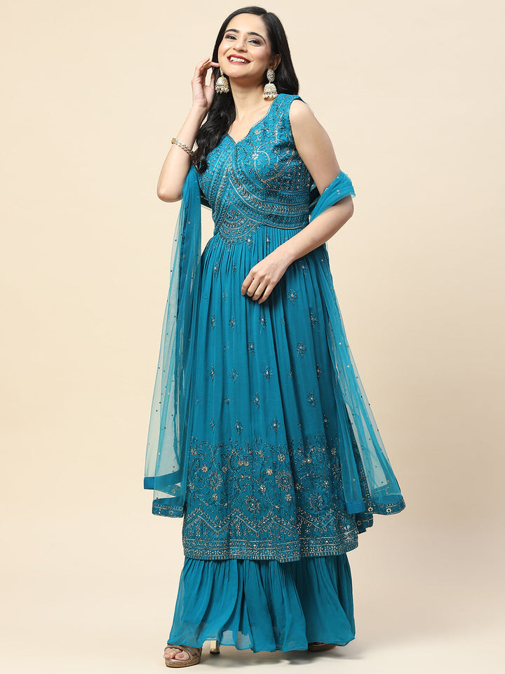 Resham Booti Embroidered Georgette Kurta With Palazzo &amp; Dupatta