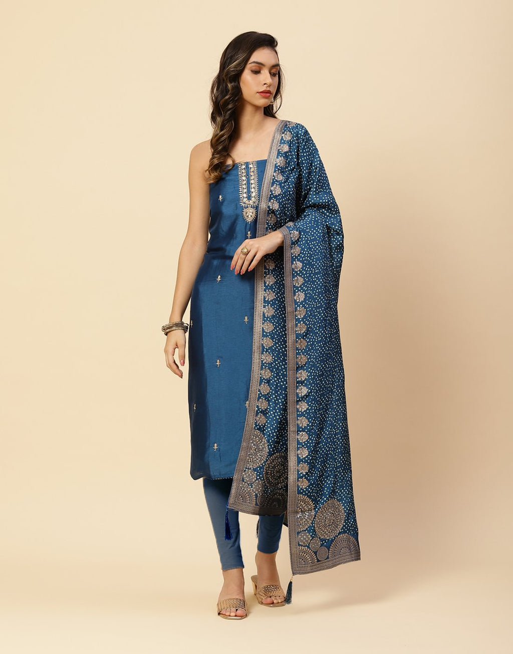 Embroidered Art Handloom Suit Piece With Leheriya Dupatta