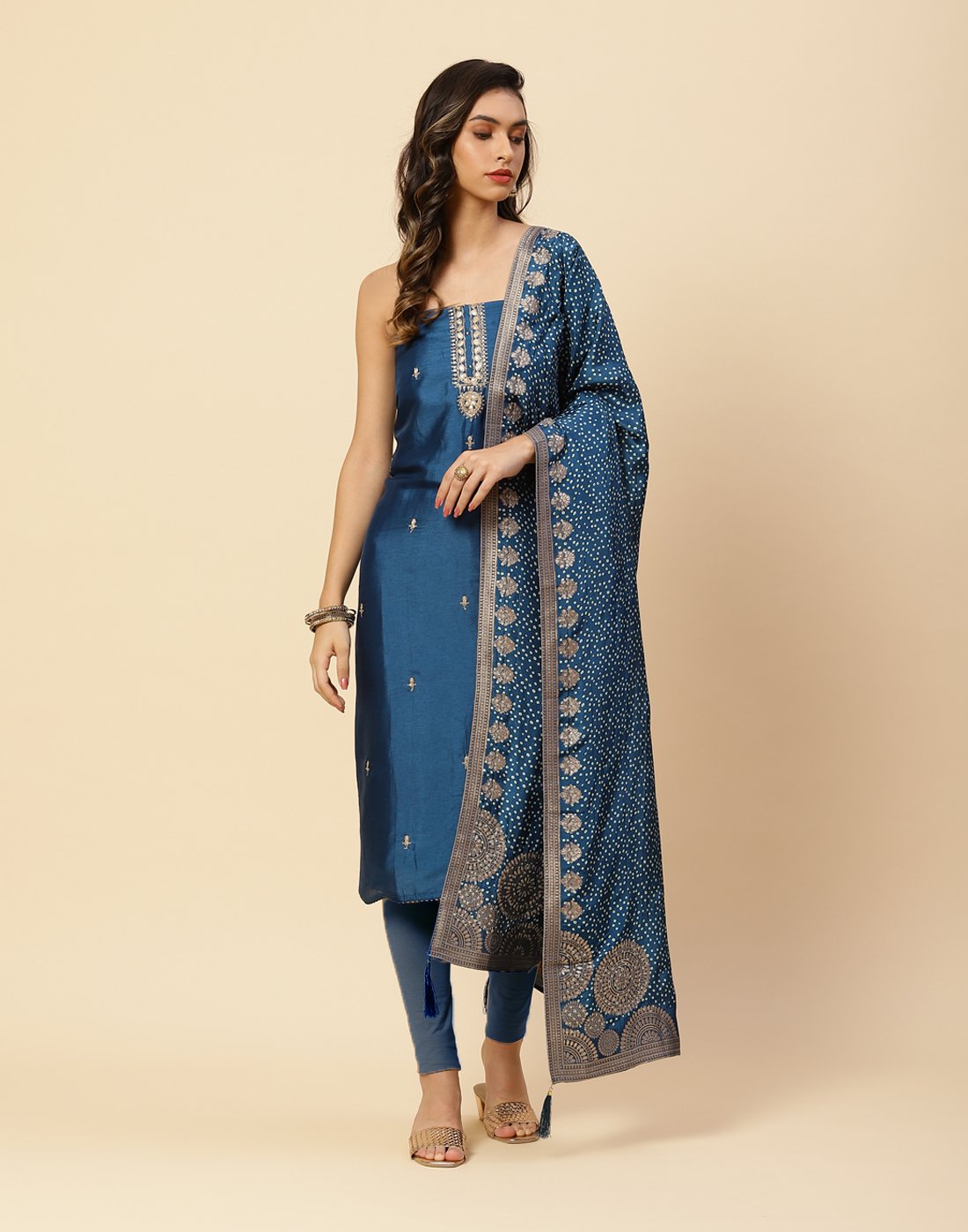 Embroidered Art Handloom Suit Piece With Leheriya Dupatta