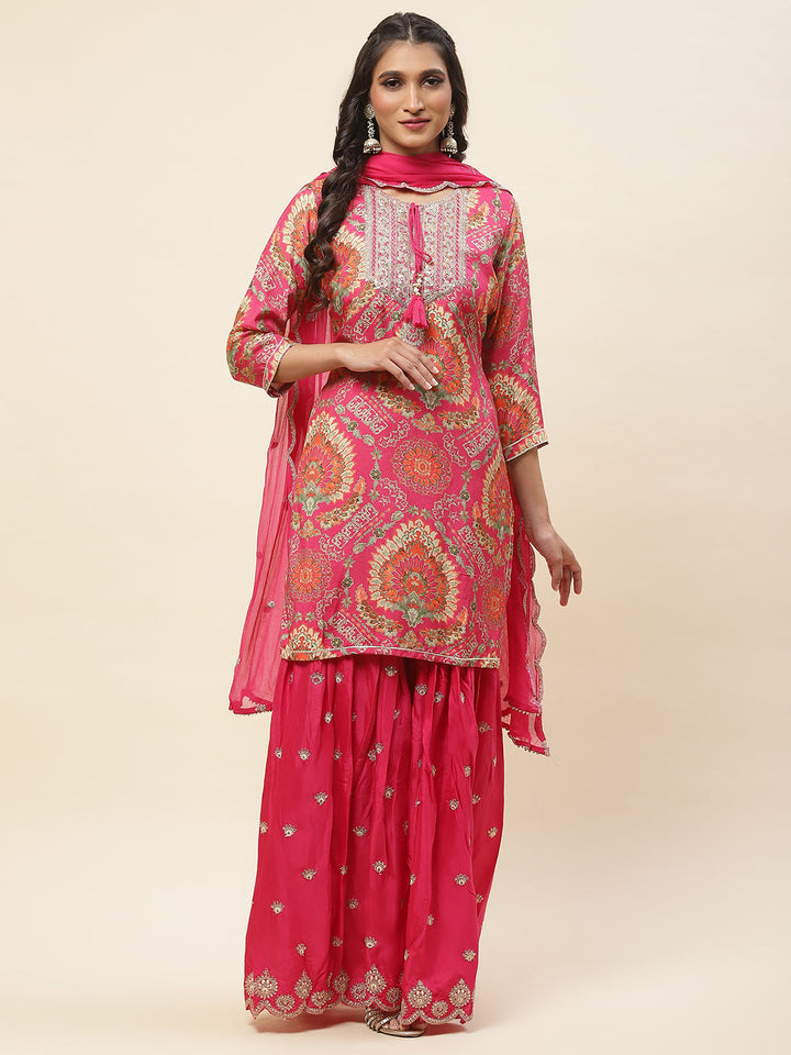 Floral Printed Cotton Kurta With Sharara &amp; Dupatta