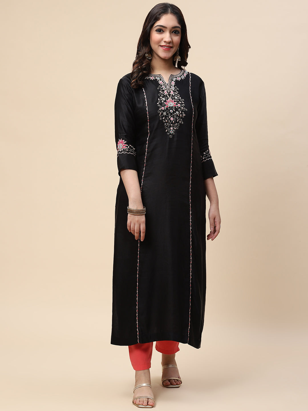 Neck Embroidered Satin Kurta