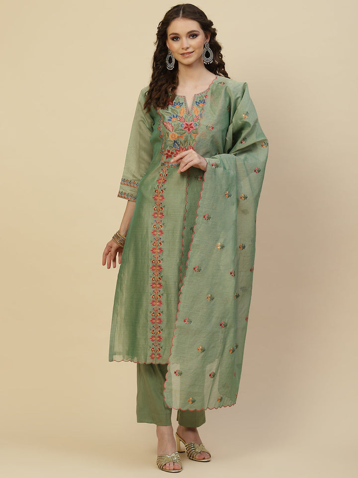 Floral Resham Booti Cotton Kurta With Pants &amp; Dupatta