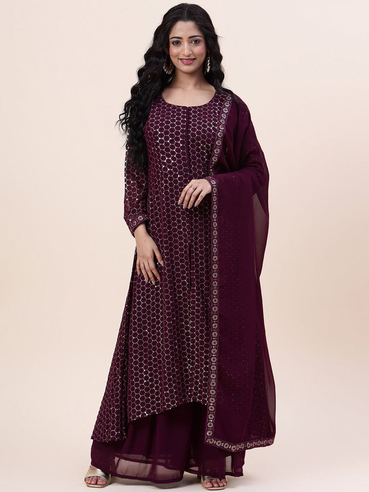 Sequin Embroidered Georgette Kurta With Palazzo &amp; Dupatta