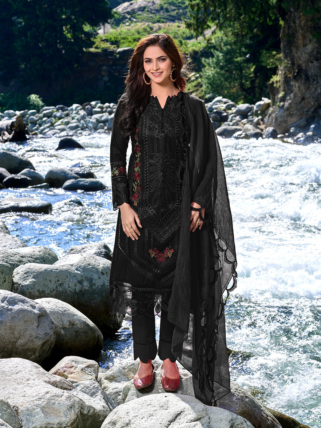 Embroidered Cotton Kurta With Pant &amp; Dupatta