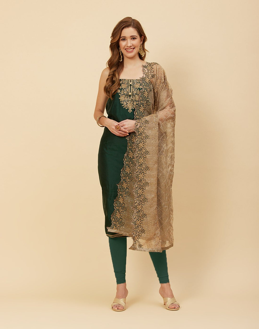 Embroidered Chanderi Suit Piece With Organza Dupatta