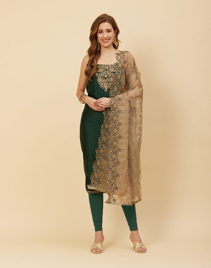 Embroidered Chanderi Suit Piece With Organza Dupatta