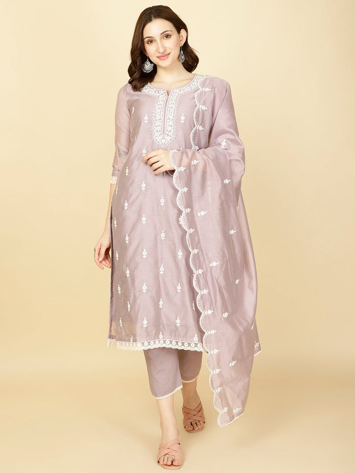 Floral Embroidery Chanderi Kurta With Pants &amp; Dupatta