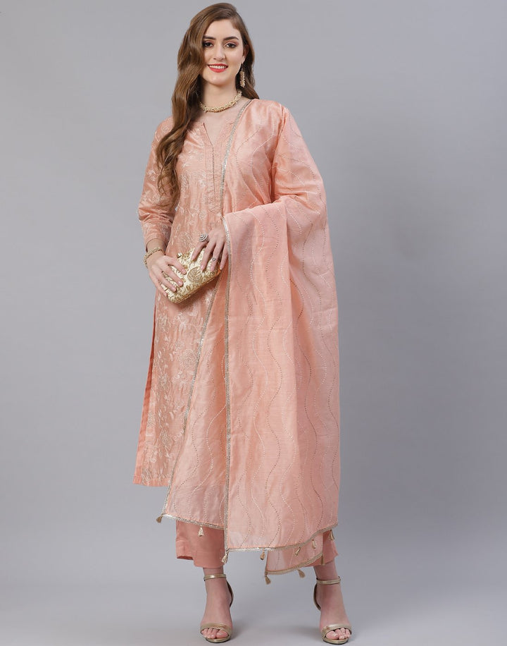 Peach and Sea Green Cotton Chanderi Salwar Kameez Stitched Suit