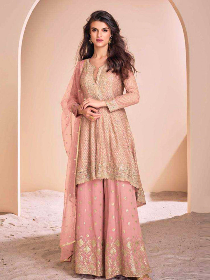 Embroidered Georgette Kurta With Plazzo &amp; Dupatta