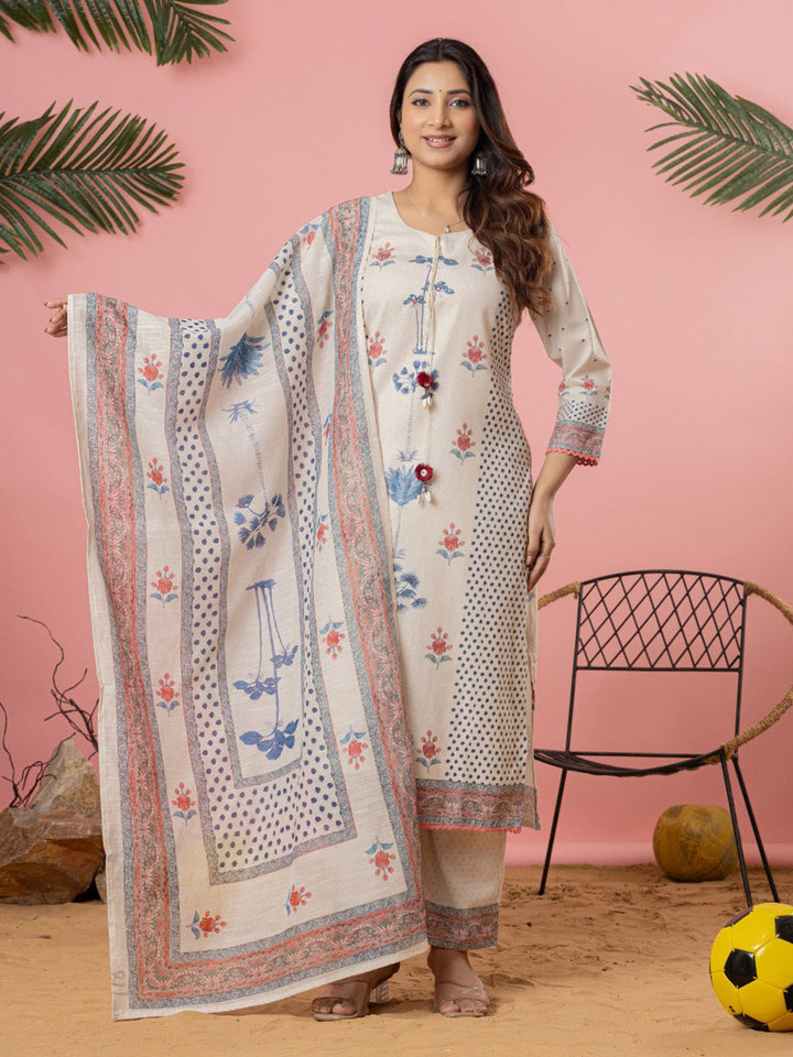 Cream Cotton Blend Printed Straight Suit Set