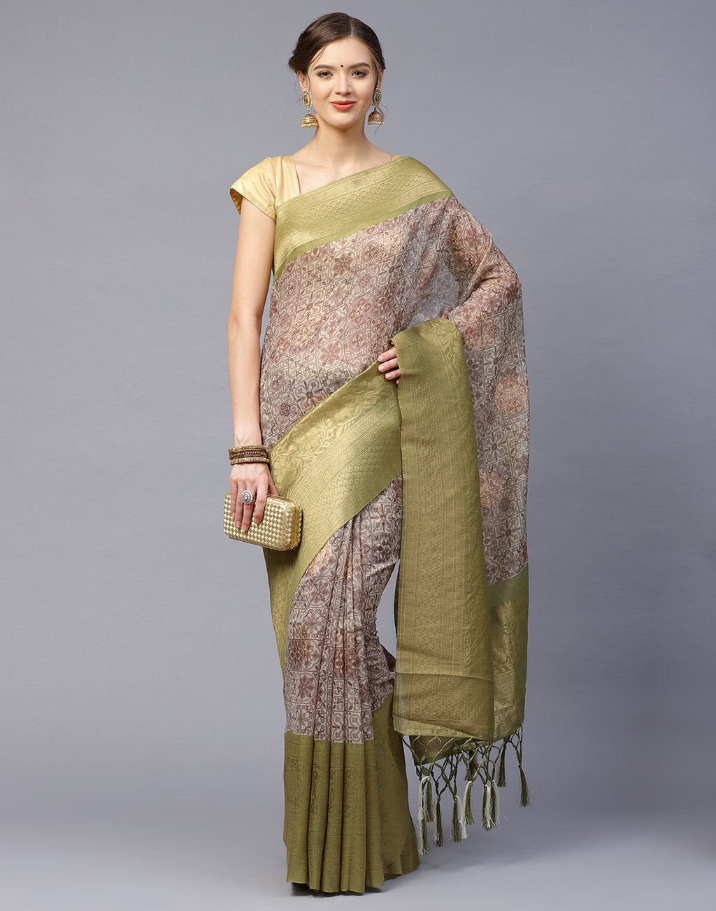 Floral Print With Contrast Border Cotton Chanderi Saree