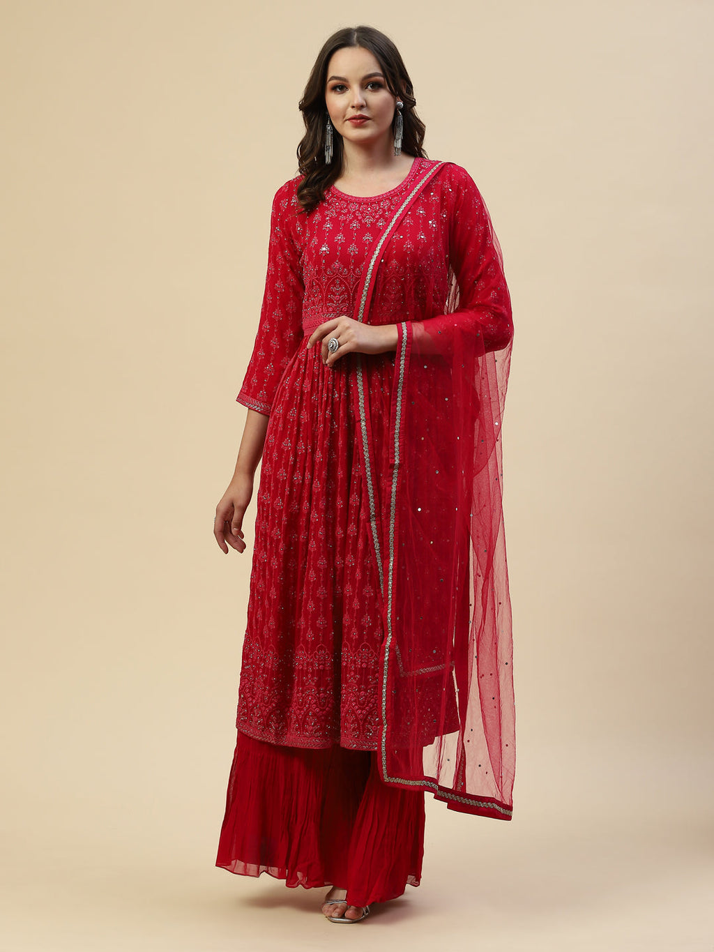 Embroidered Georgette Kurta With Palazzo & Dupatta