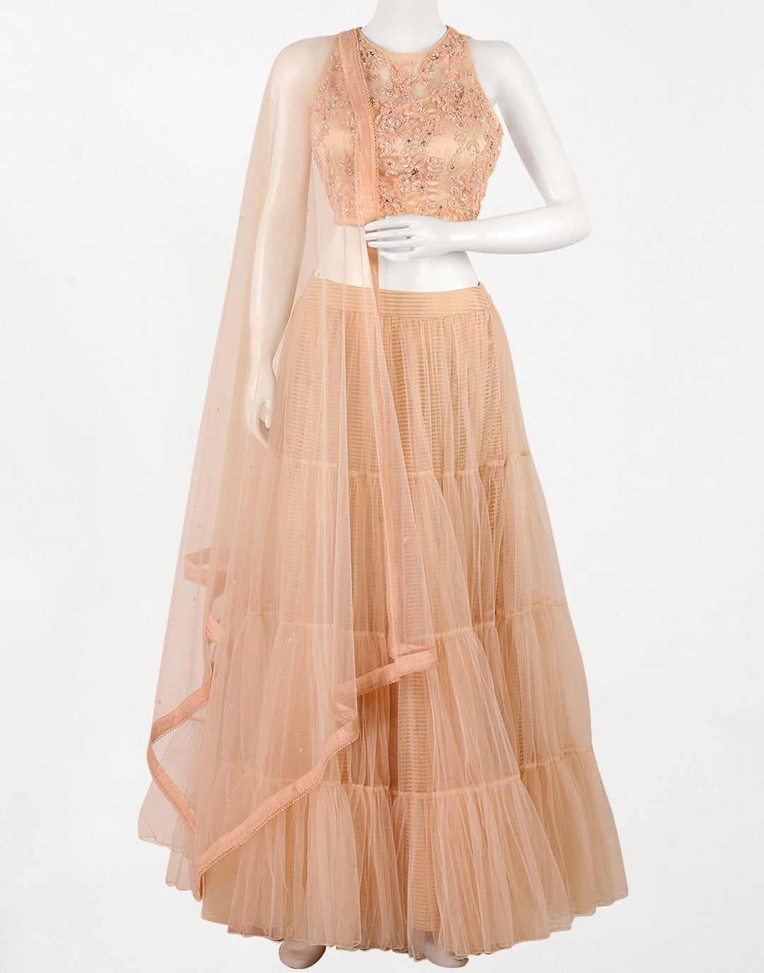 MBZ Meena Bazaar-Readymade Peach Net Lehenga