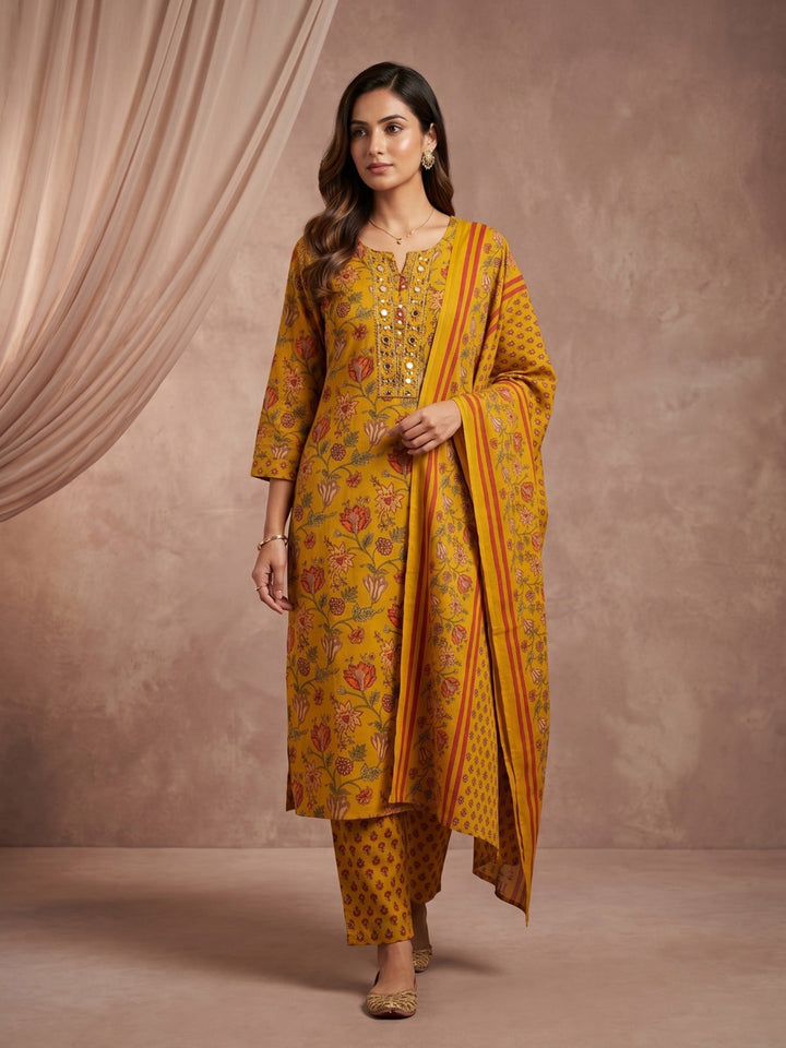 Mustard Embroidered Cotton Blend Straight Round Neck Suit Set