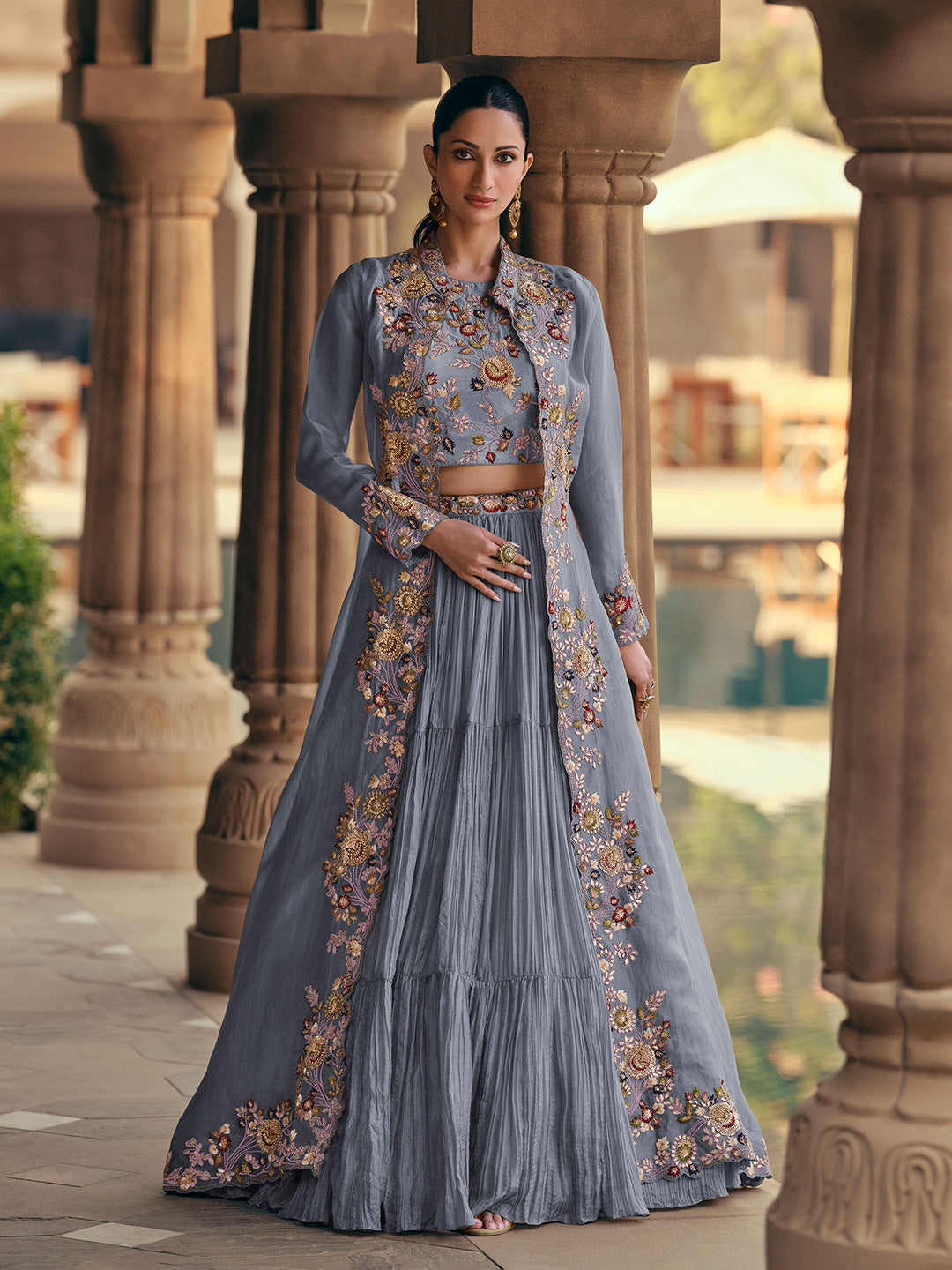 Embroidered Gerogette Choli &amp; Lehenga With Jacket