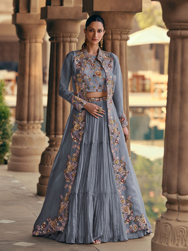 Embroidered Gerogette Choli &amp; Lehenga With Jacket