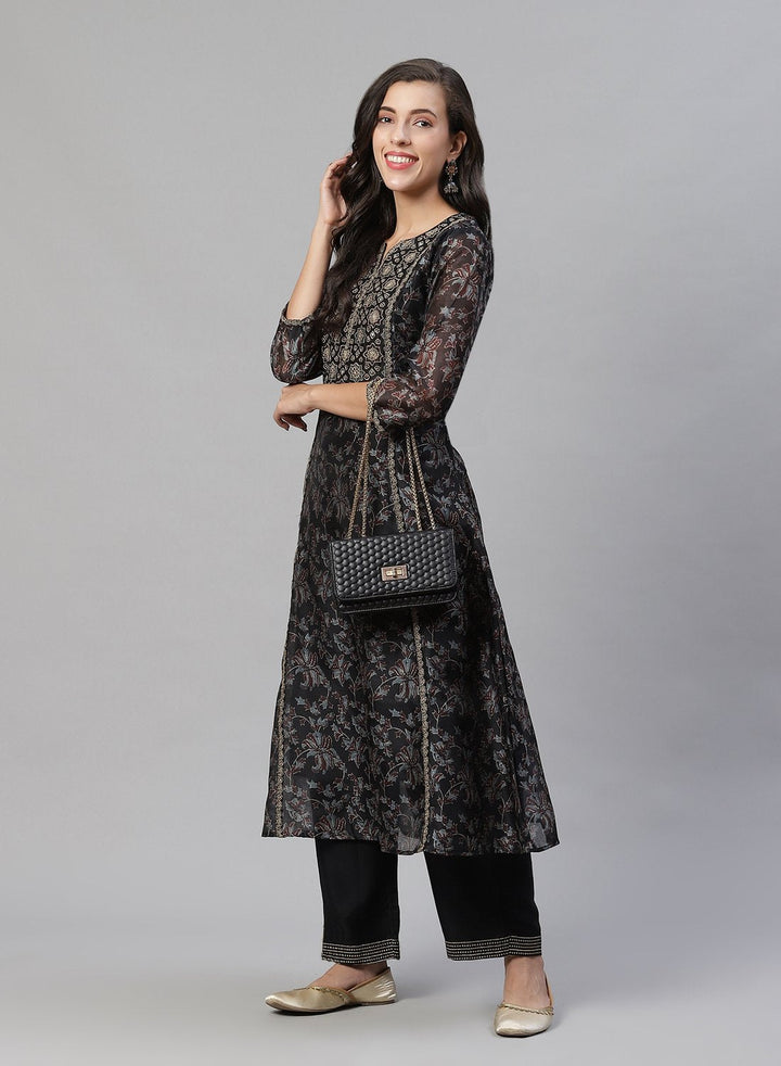 Printed Chanderi Anarkali Kurti With Pant