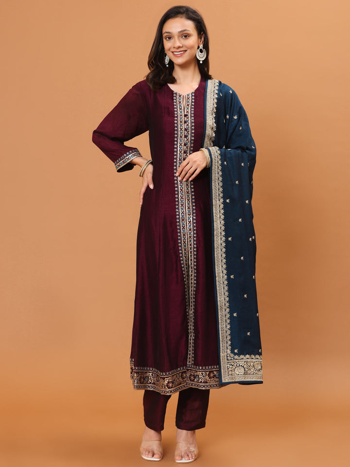 Zari Embroidery Handloom Kurta With Pants &amp; Dupatta