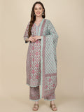 Floral Printed Cotton Kurta With Pants & Dupatta