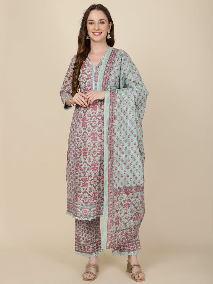 Floral Printed Cotton Kurta With Pants &amp; Dupatta