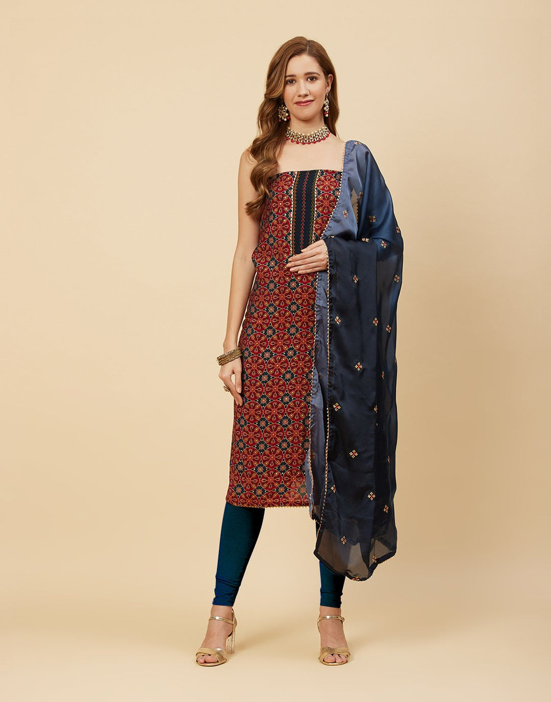 Printed Muslin Suit Piece With Art Silk Dupatta