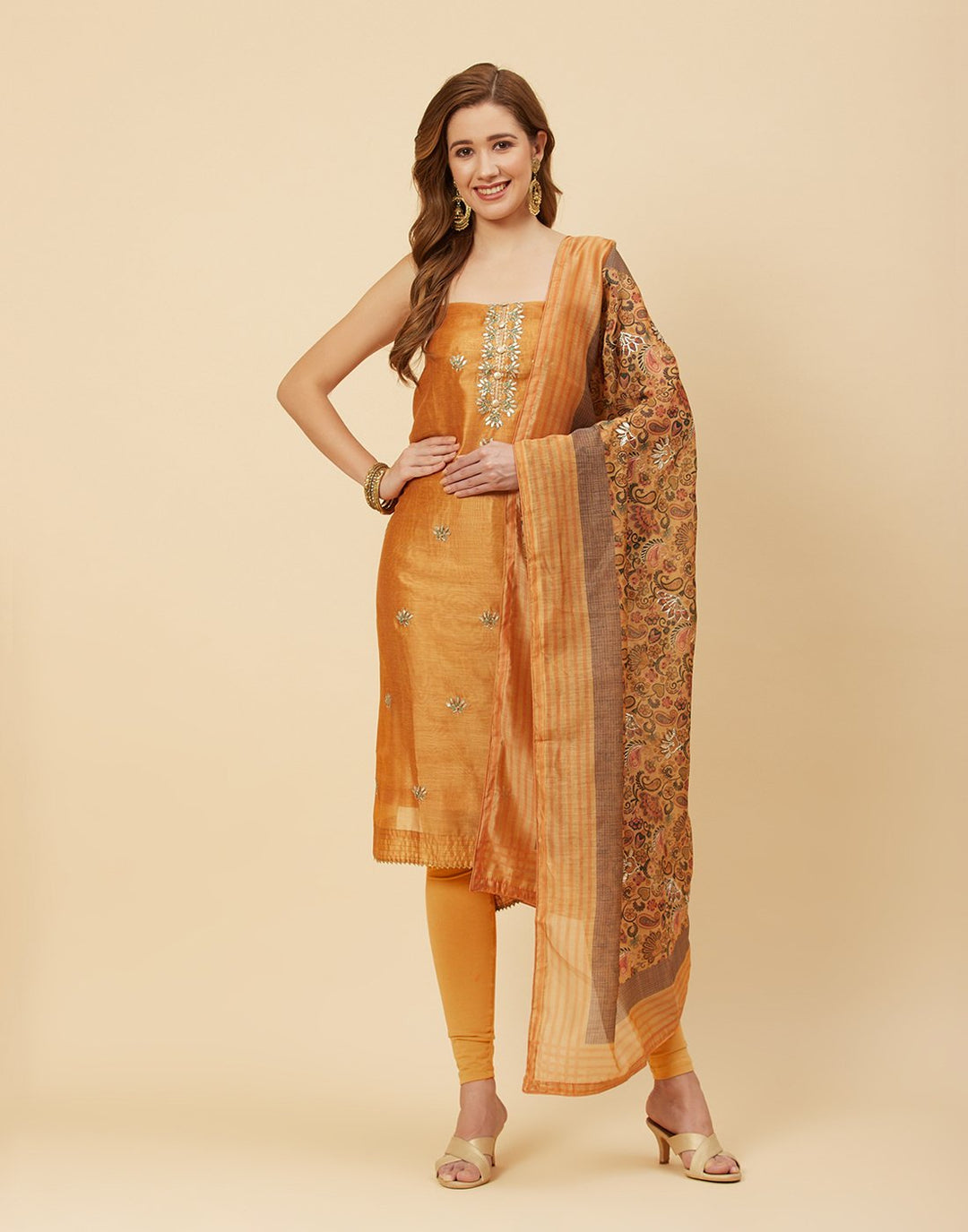 Embroidered Chanderi Suit Piece With Dupatta