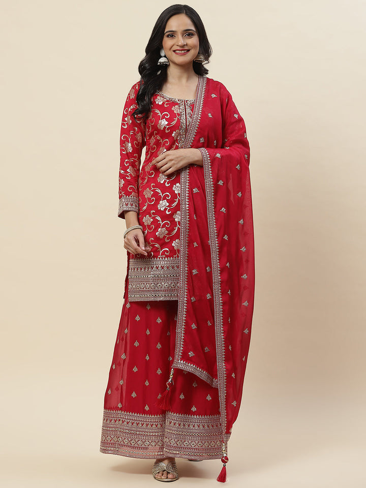 Floral Woven Handloom Kurti With Pants &amp; Dupatta