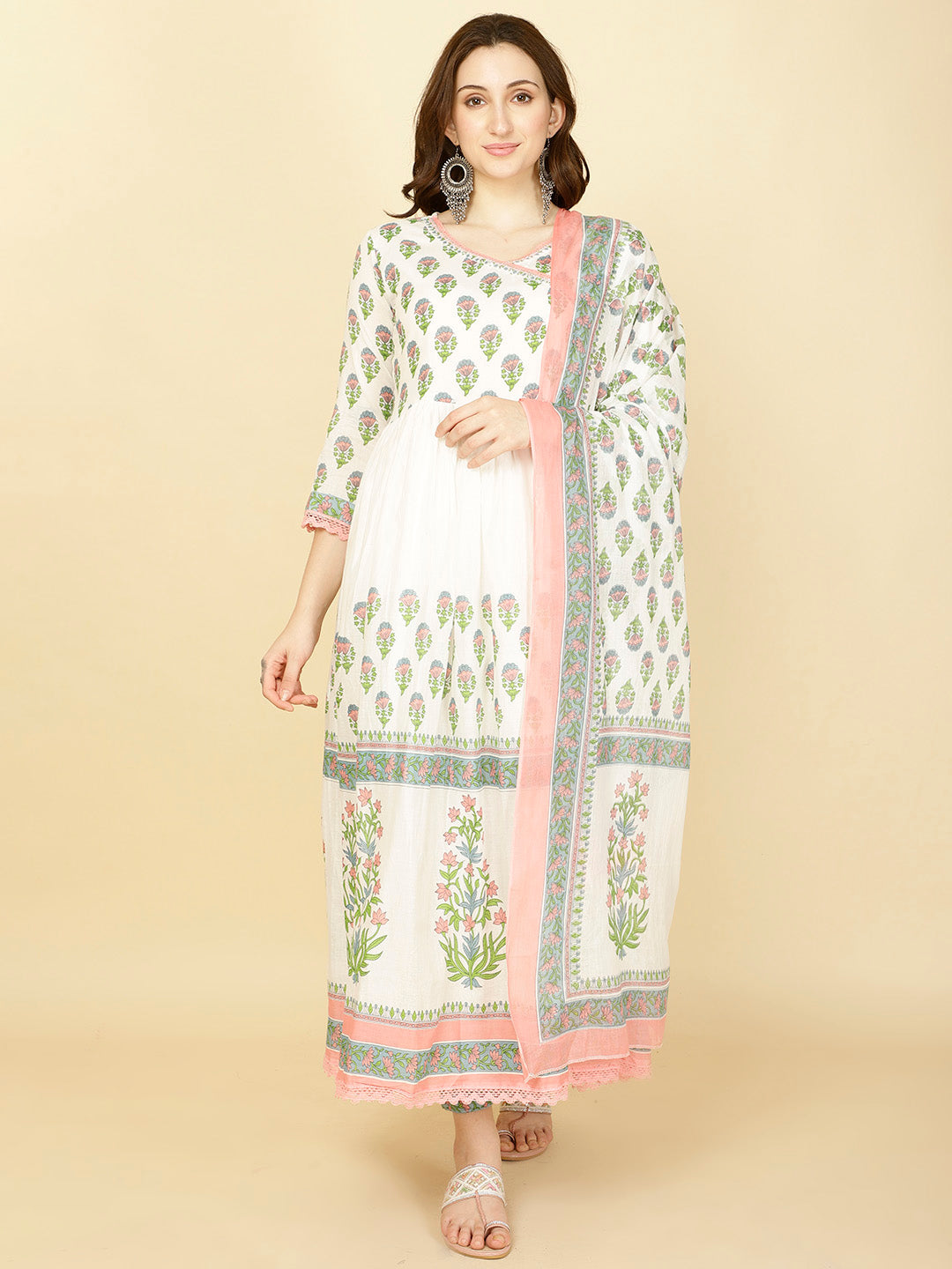 Floral Printed Cotton Kurta With Pants & Dupatta