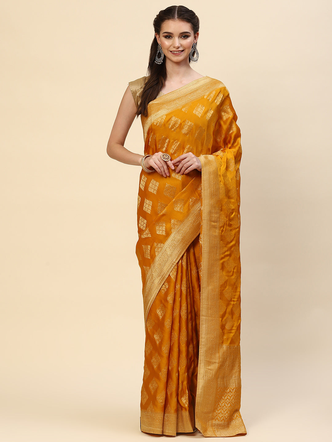 Zari Border Booti Organza Plain Saree