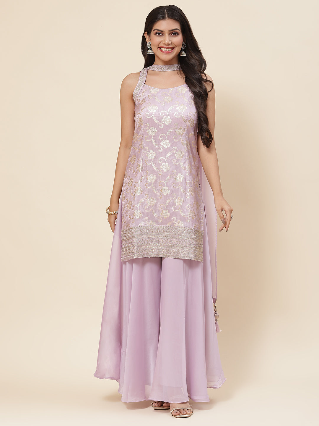 Floral Woven Georgette Kurta With Pants &amp; Dupatta