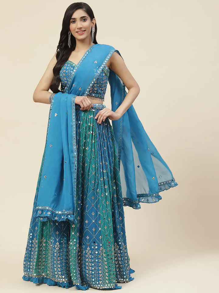 Resham Mirror Booti Georgette Choli With Lehenga &amp; Dupatta