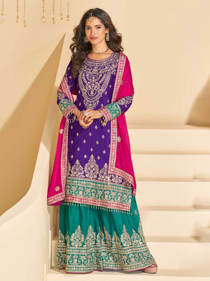 Embroidered Chinon Suit With Pant &amp; Dupatta