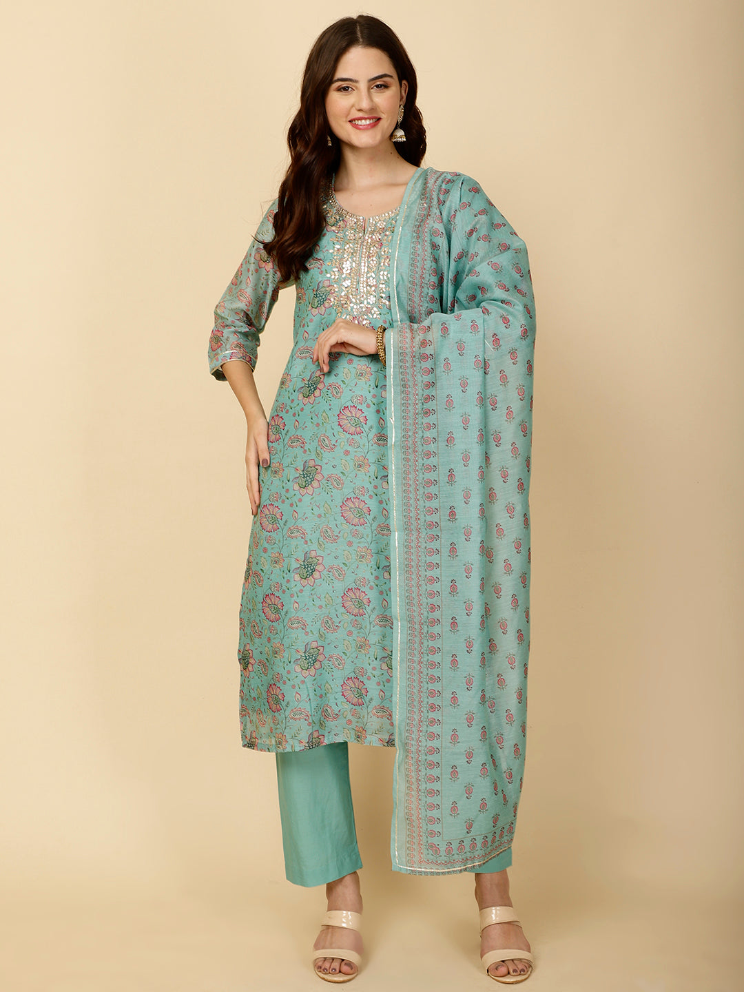 Floral Printed Chanderi Kurta With Pants &amp; Dupatta
