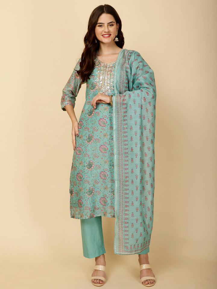 Floral Printed Chanderi Kurta With Pants &amp; Dupatta