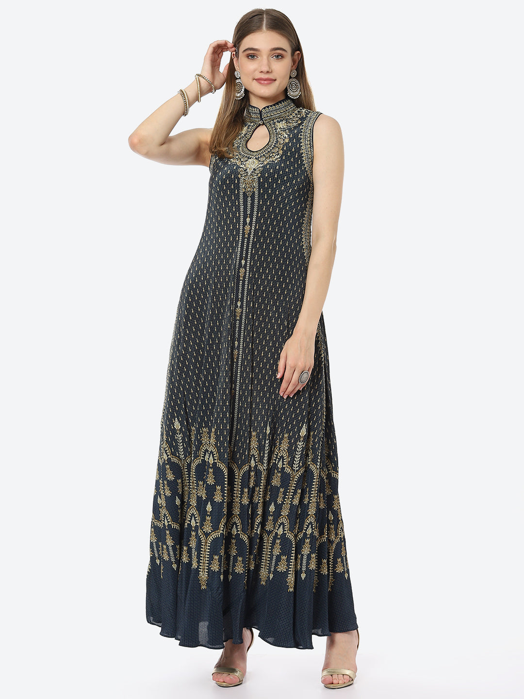 Digital Printed Crepe A-Line Gown Dress