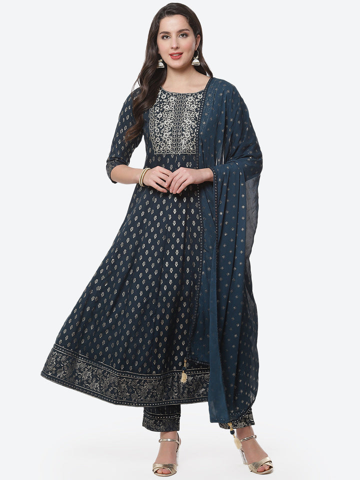Printed Zari Neck Cotton Stitched Anarkali Salwar Kameez With Chiffon Dupatta