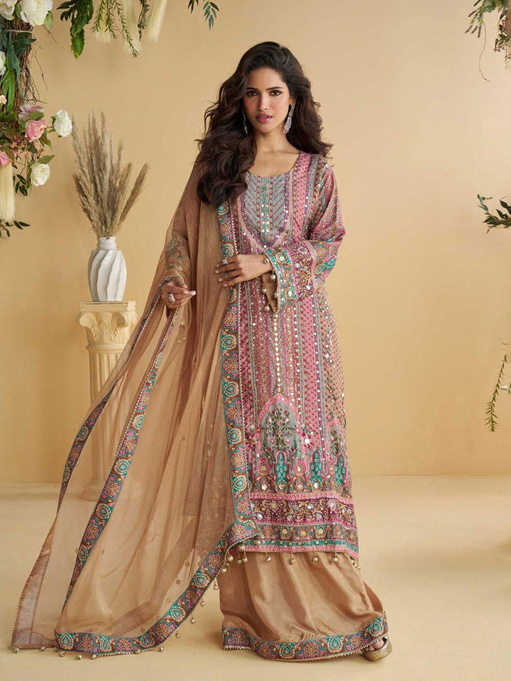 Embroidered Crepe Kurta With Plazzo &amp; Dupatta