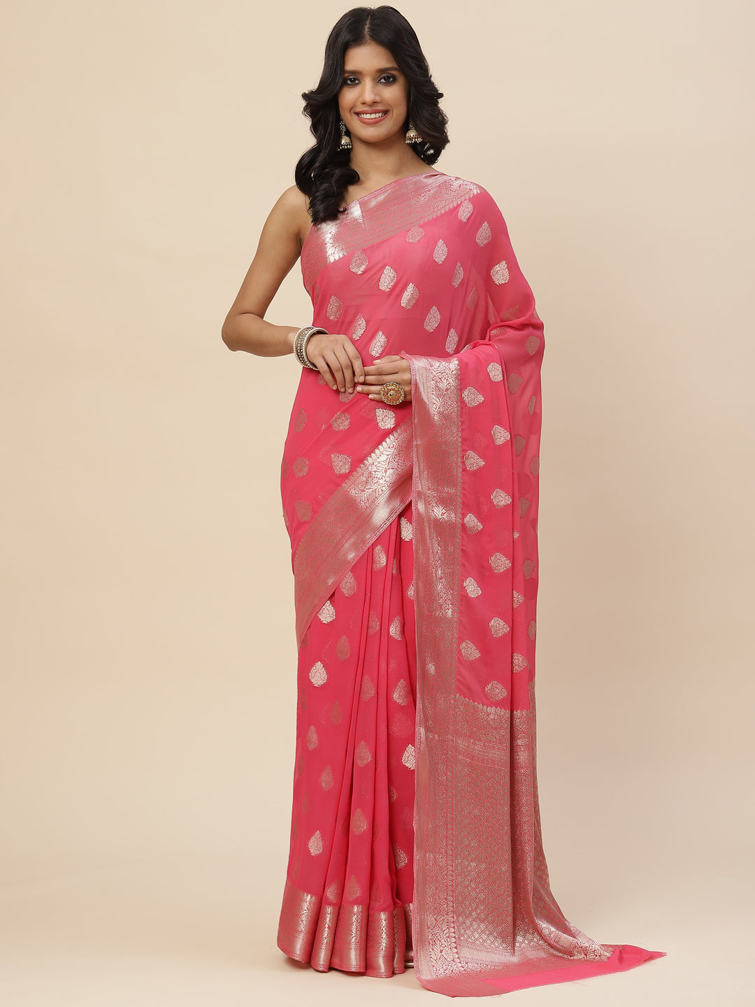 Zari Booti Chiffon Plain Saree