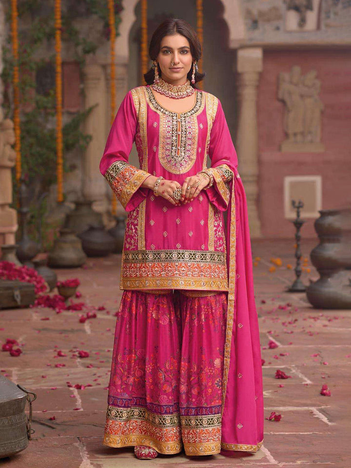 Embroidered Chinnon Silk Kurti With Gharara &amp; Dupatta