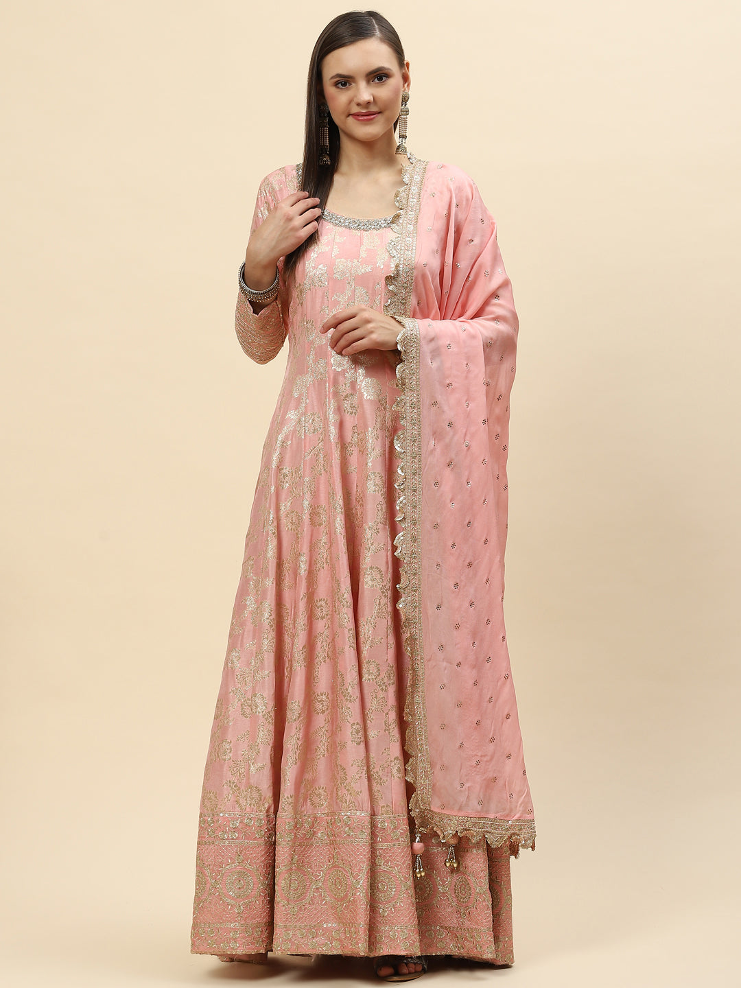 Brocade Embroidered Banarasi Handloom Kurta With Churidar &amp; Dupatta