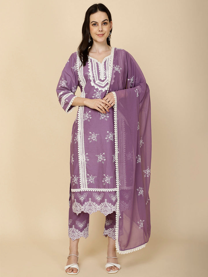 Embroidered Cotton Suit Set With Dupatta