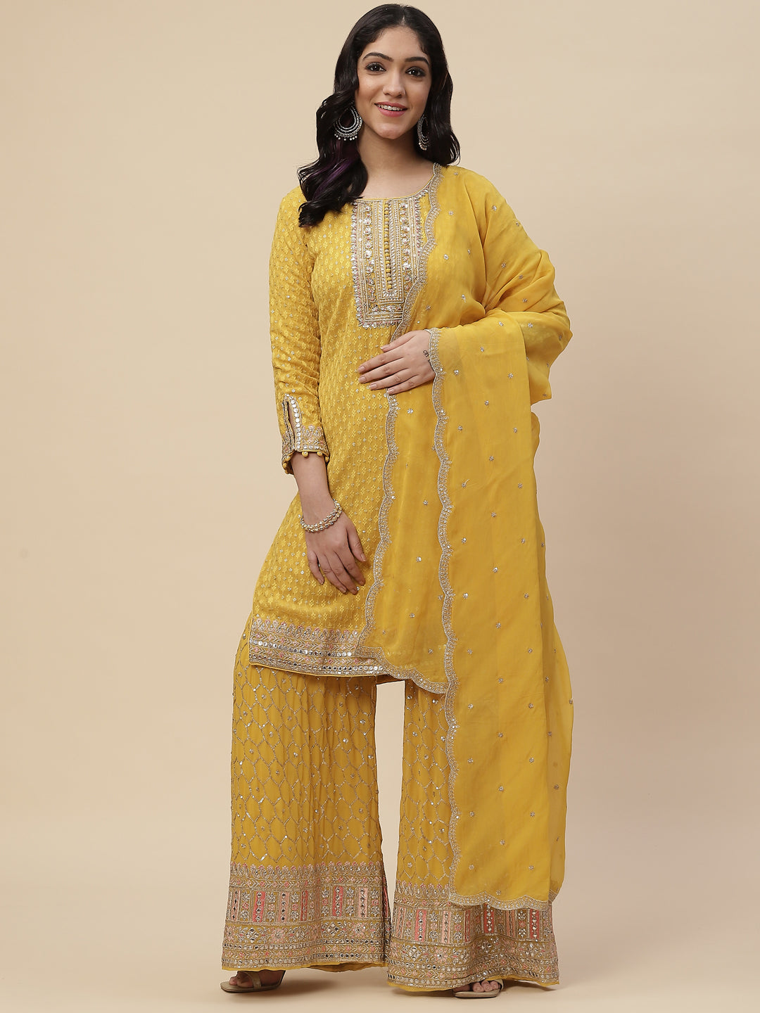 Sequin Embroidered Georgette Kurta With Sharara &amp; Dupatta