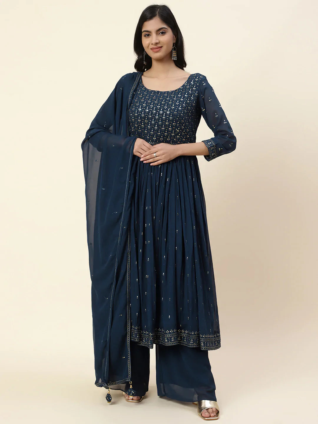 Resham Sequin Embroidered Georgette Kurta With Palazzo &amp; Dupatta