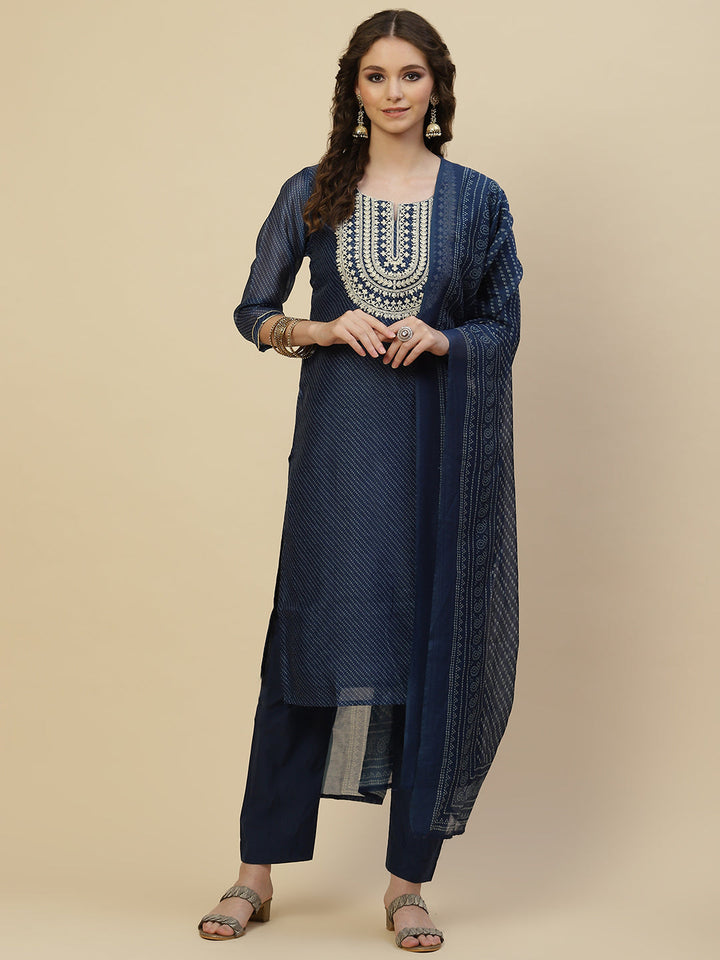 Printed Chanderi Kurta With Pants &amp; Dupatta
