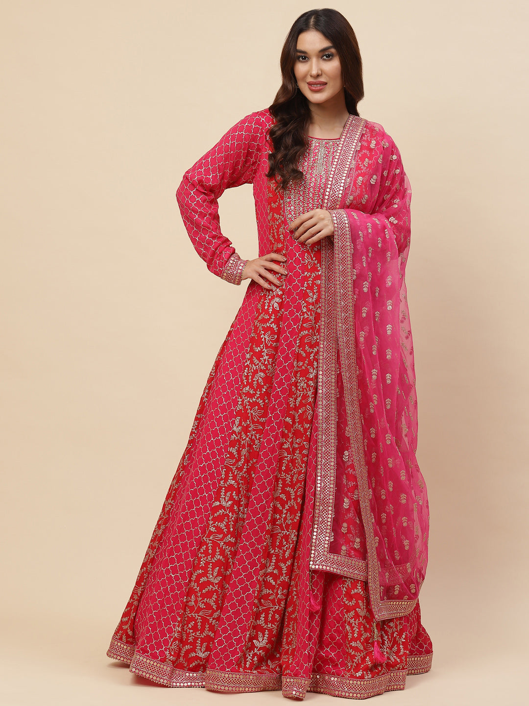 Zari Jaal Embroidered Crepe Kurta With Churidar & Dupatta