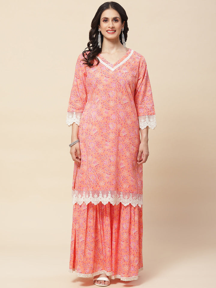 Floral Printed Cotton Kurta With Sharara